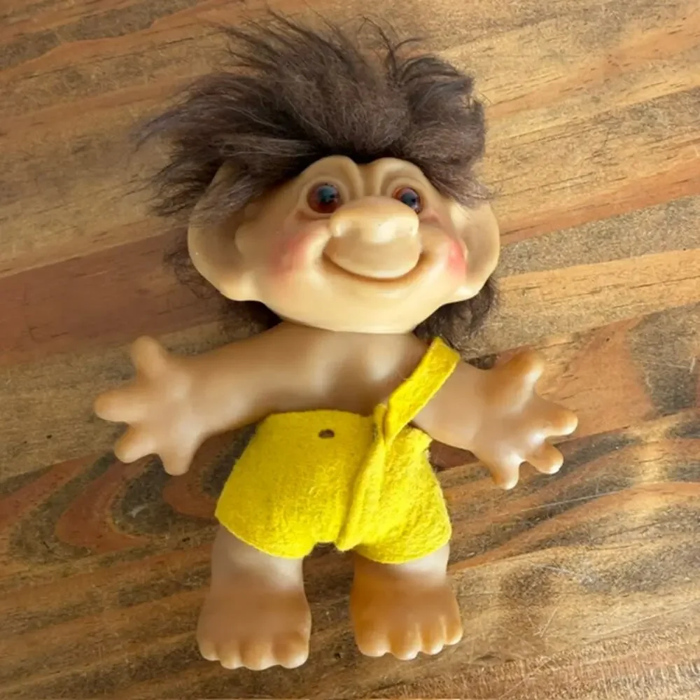 Vintage Thomas Dam Troll Doll Yellow Felt Pants Brown Hair - 6